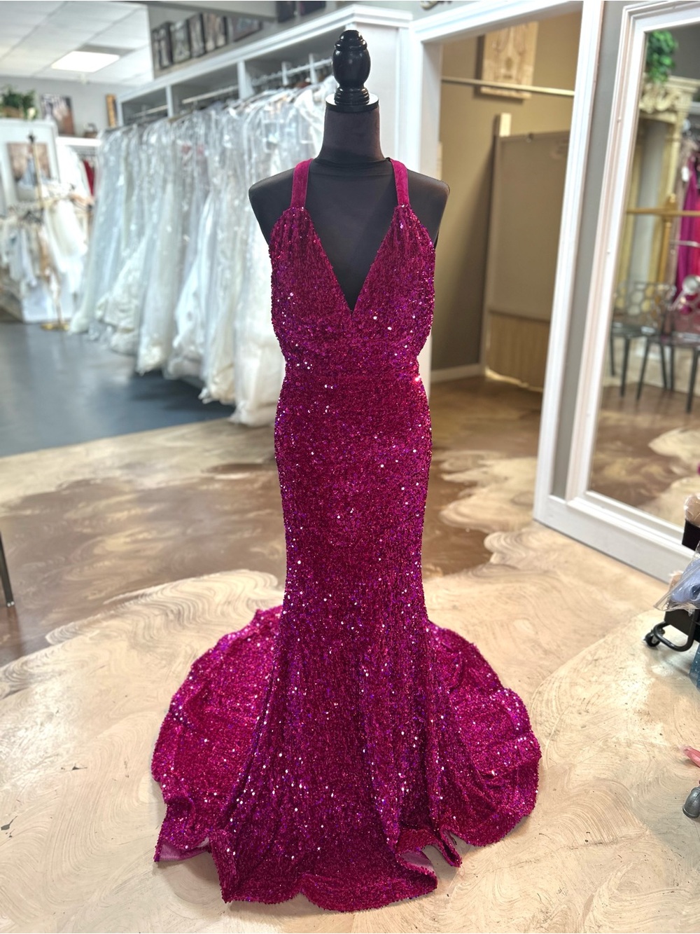 Portia and Scarlett Fuchsia Sequin Mermaid Prom Dress